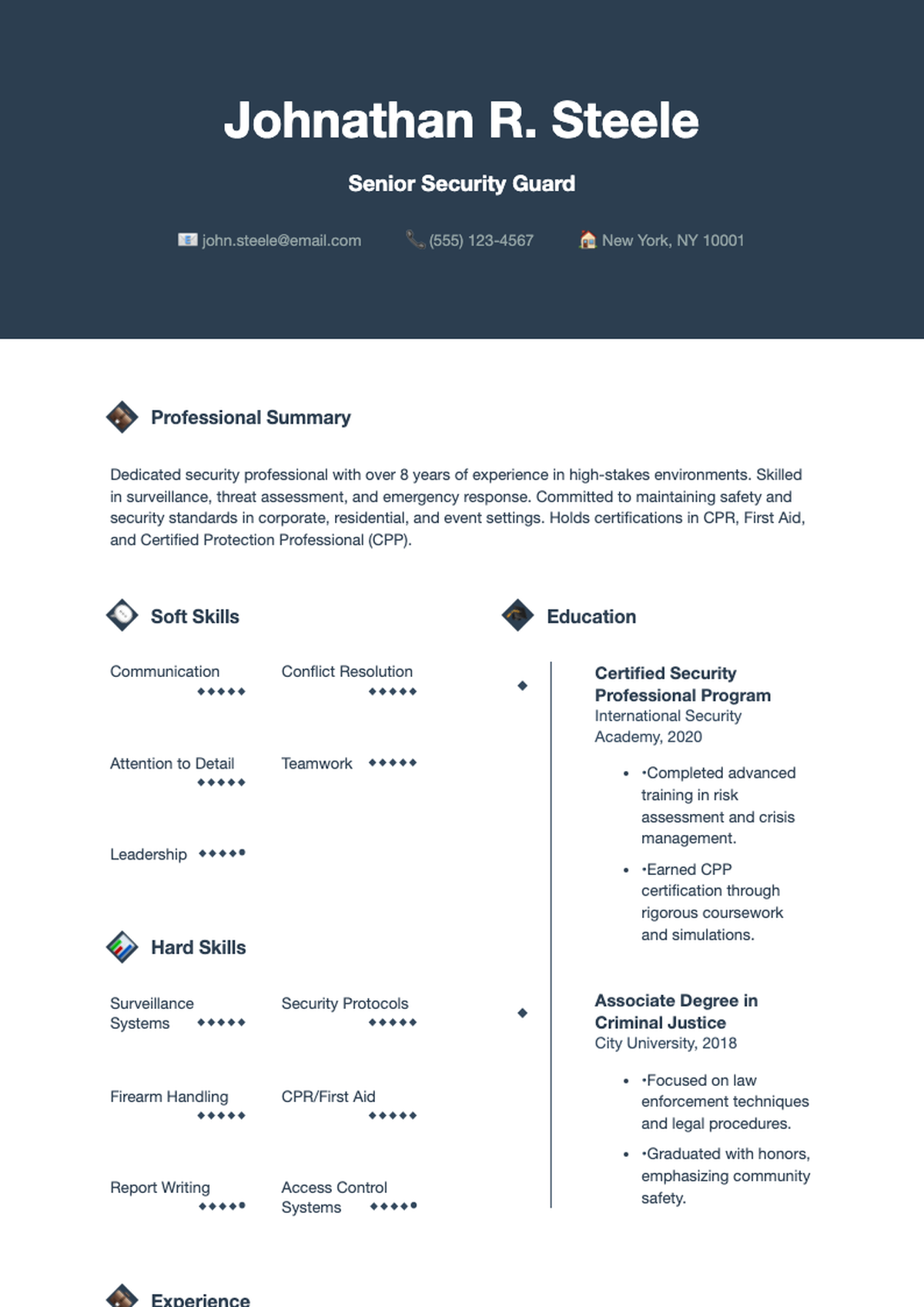 Professional security guard resume with skills ratings and experience timeline_variant_3